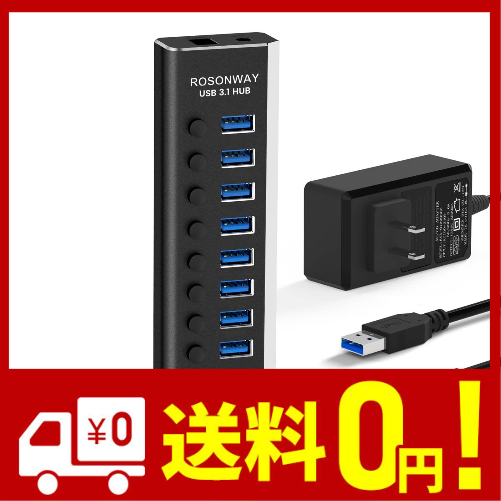 ROSONWAY USB ハブ 3.1 Gen2 10Gbps 10ポートアルミ製 36W USB HUB セルフパワー USBケーブルとType Cケーブル 付き 12V 3A ACアダプタ